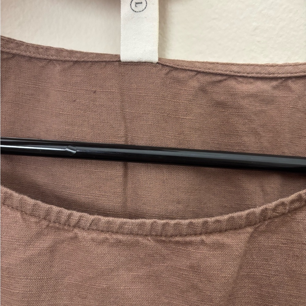 Grae Cove brown linen cotton midi A-line dress 3/4 sleeve round neck pockets L - Picture 6 of 6